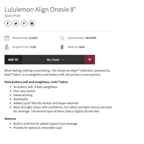 Lululemon Align Bodysuit 8" Sonic Pink ONSIE Size 10 - NEW! - Picture 13 of 15